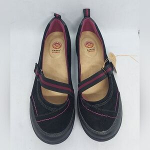 Earth Spirit Bobi Mary Jane Flats Casual Shoes Black Leather Suede Womens Sz 9.5